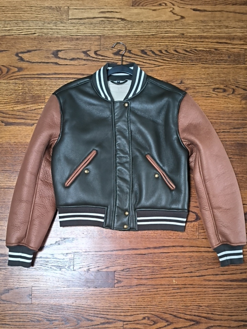 Blank NYC Army Green Body Varsity Jacket with Brown Sleeves